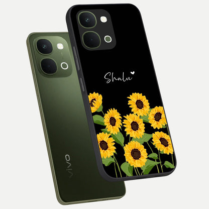 Sunflower Chic Mood Custom Name Glass Case displayed in angled mockup highlighting vibrant sunflower design with custom name feature.