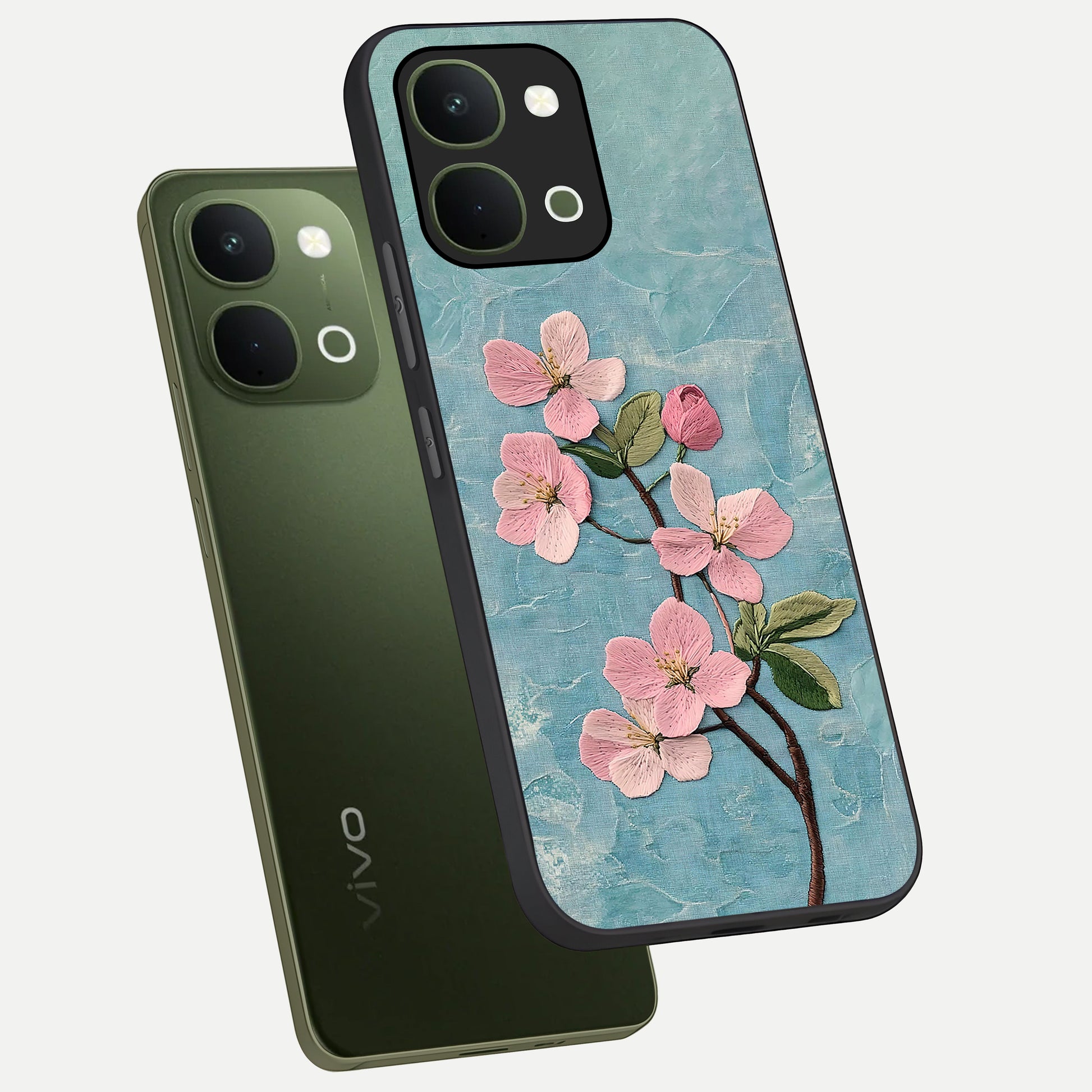 Threaded Blossom Breeze Glass Case displayed in angled mockup highlighting elegant floral design with soft aesthetic style.