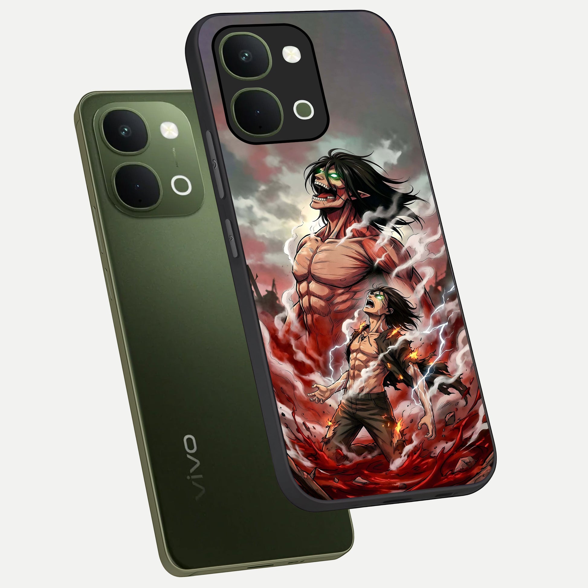 Titan Awakening Fury Glass Case displayed in angled mockup highlighting dramatic giant warrior design with bold anime aesthetic.