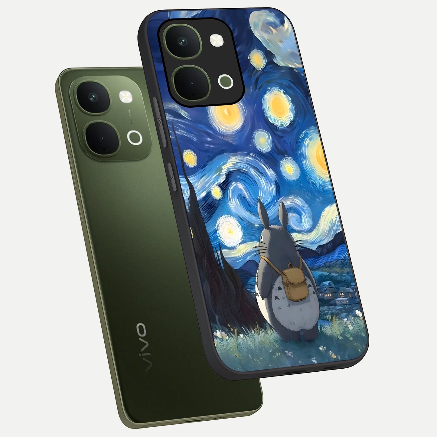 Totoro In Van Gogh Art Glass Case displayed in angled mockup highlighting artistic swirling sky design with playful animation aesthetic.