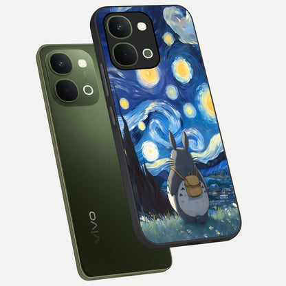 Totoro In Van Gogh Art Glass Case displayed in angled mockup highlighting artistic swirling sky design with playful animation aesthetic.