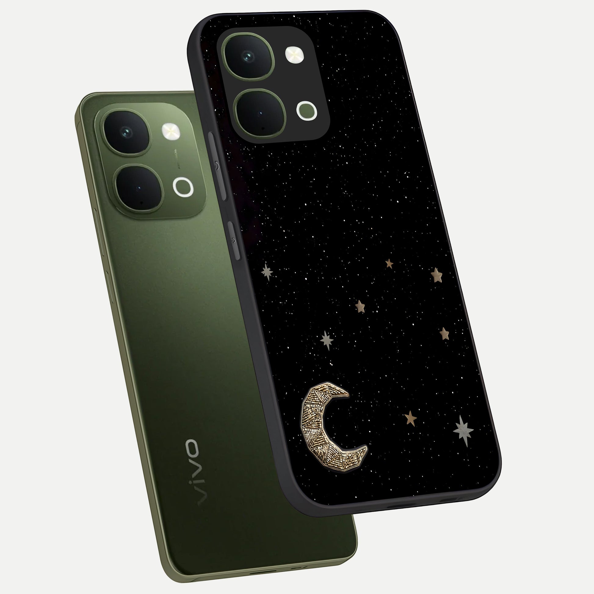 Twinkle Star With Half Moon Glass Case displayed in angled mockup highlighting celestial moon and star design with magical aesthetic.