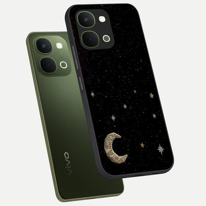 Twinkle Star With Half Moon Glass Case displayed in angled mockup highlighting celestial moon and star design with magical aesthetic.