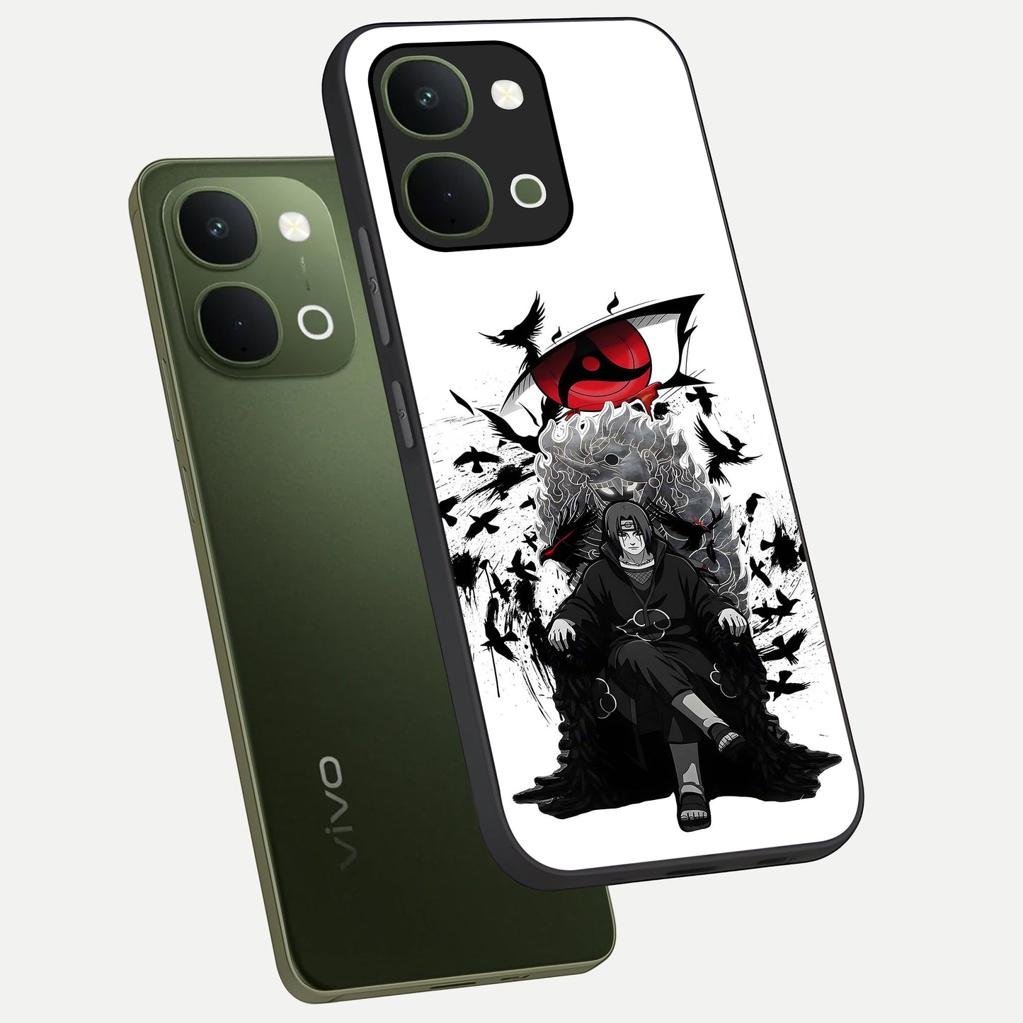 Uchiha Shadow Throne Glass Case displayed in angled mockup highlighting glowing aquatic design with celestial aesthetic.