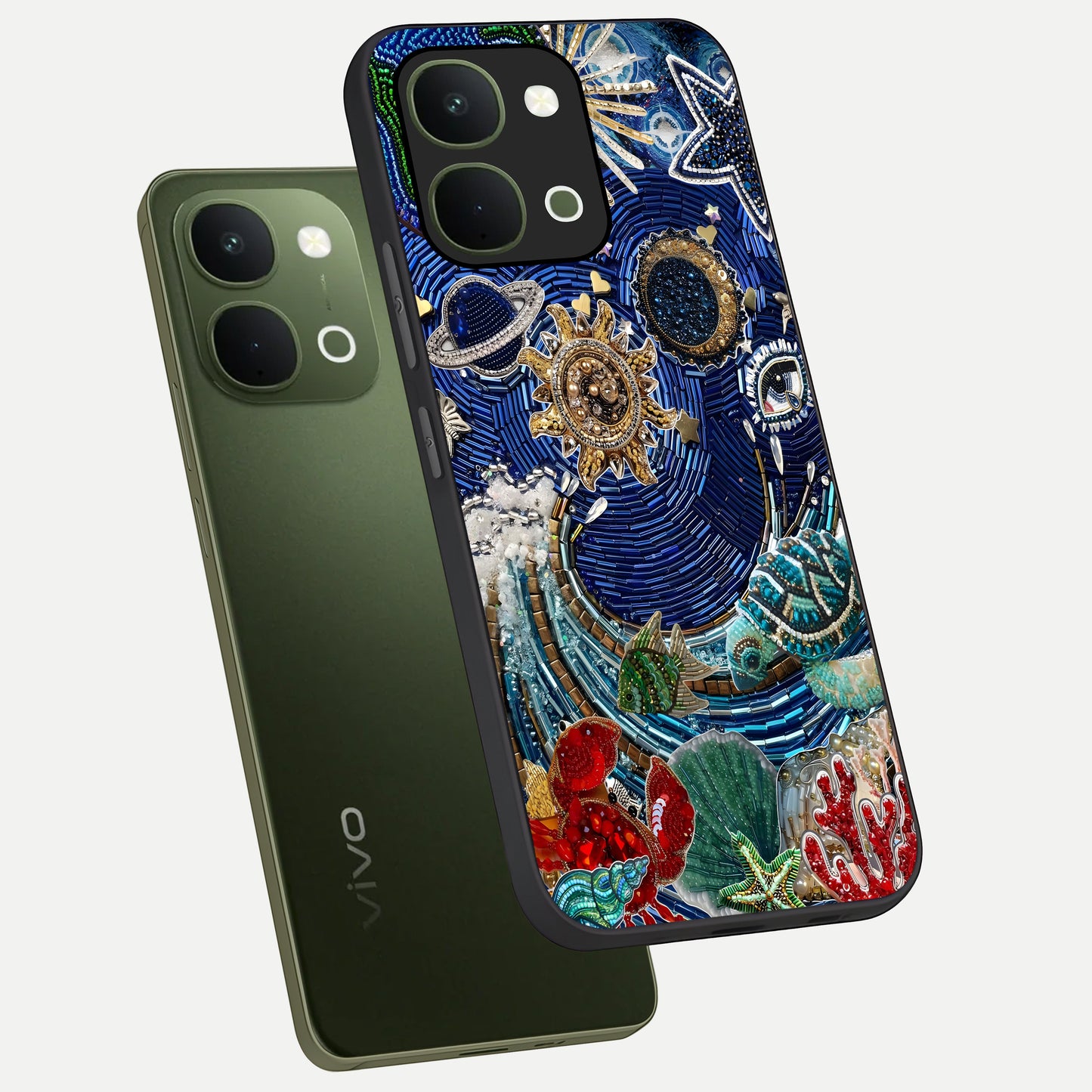 Universe Underwater Spark Glass Case displayed in angled mockup highlighting glowing aquatic design with celestial aesthetic.