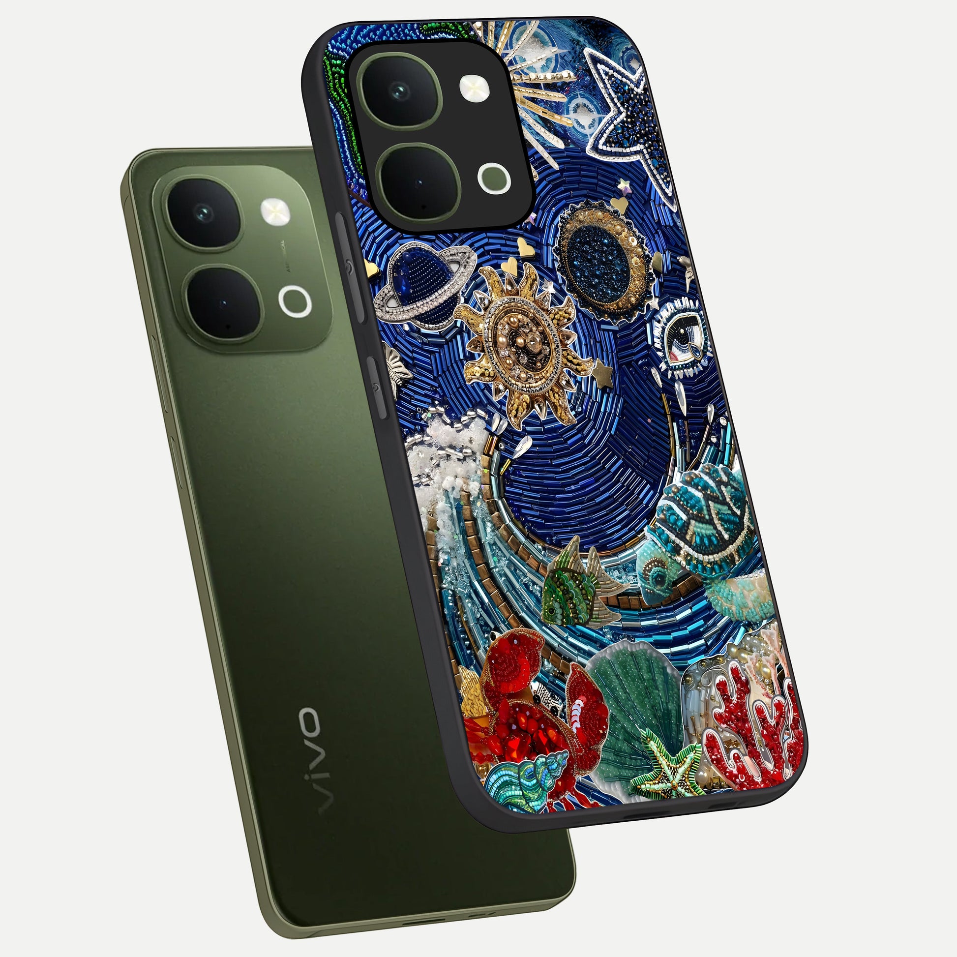 Universe Underwater Spark Glass Case displayed in angled mockup highlighting glowing aquatic design with celestial aesthetic.