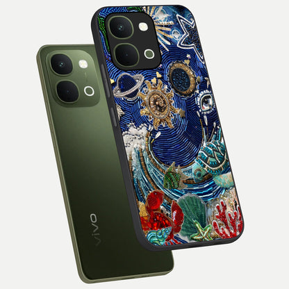 Universe Underwater Spark Glass Case displayed in angled mockup highlighting glowing aquatic design with celestial aesthetic.
