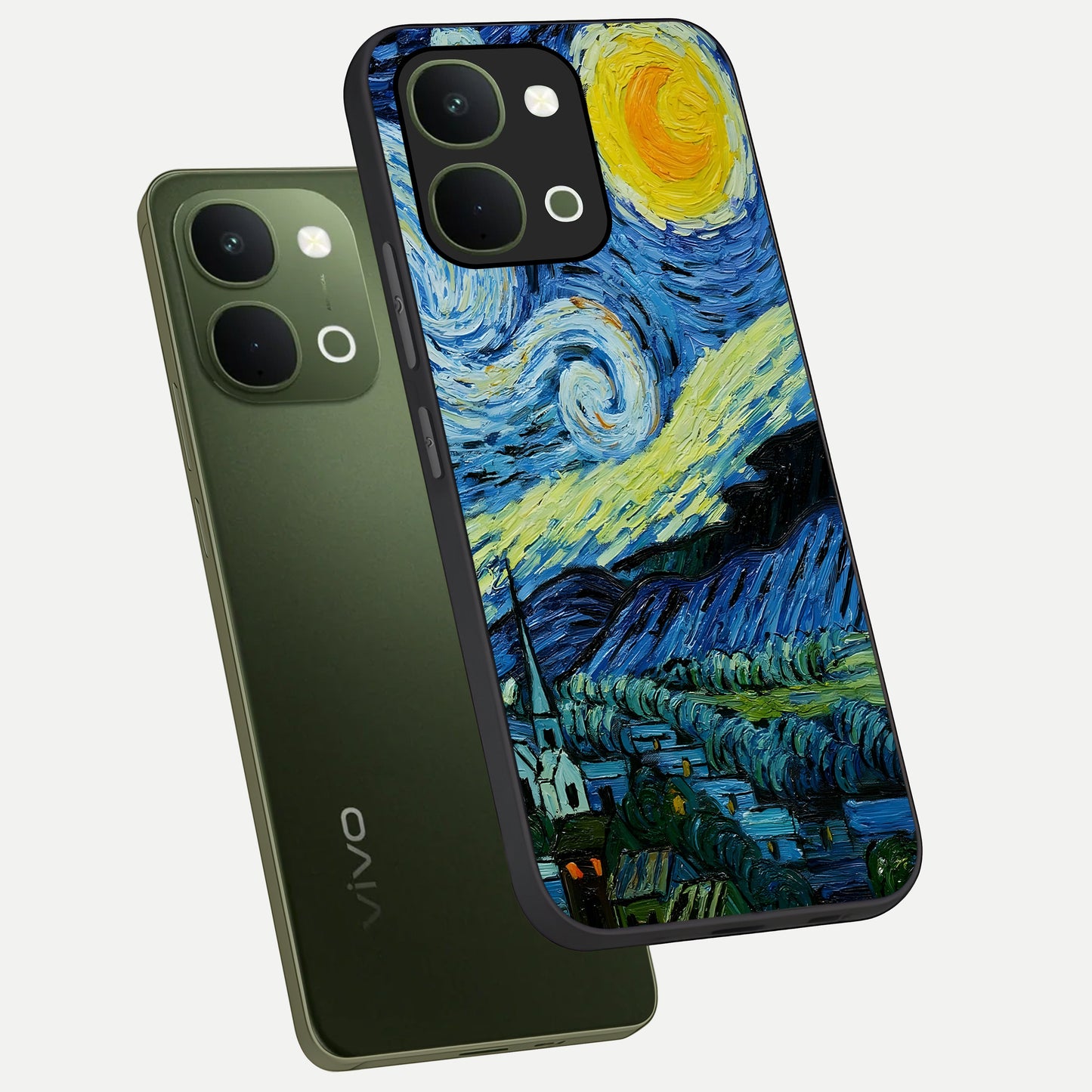 Van Gogh Art Glass Case displayed in angled mockup highlighting swirling brushstroke design with artistic aesthetic.