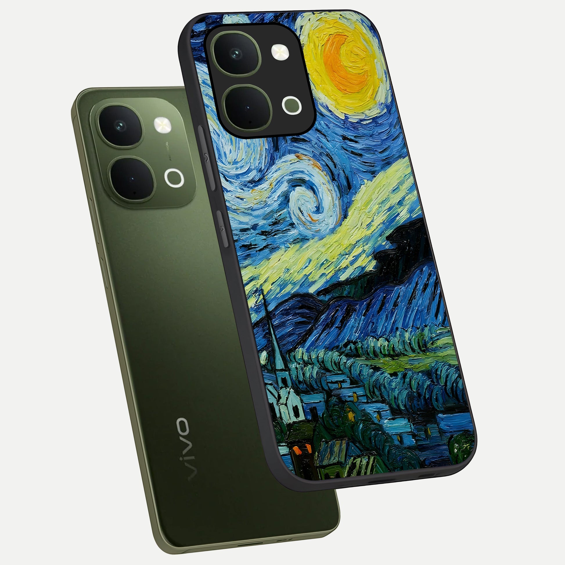 Van Gogh Art Glass Case displayed in angled mockup highlighting swirling brushstroke design with artistic aesthetic.