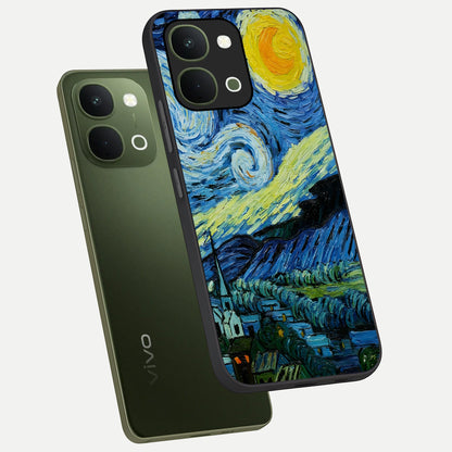 Van Gogh Art Glass Case displayed in angled mockup highlighting swirling brushstroke design with artistic aesthetic.