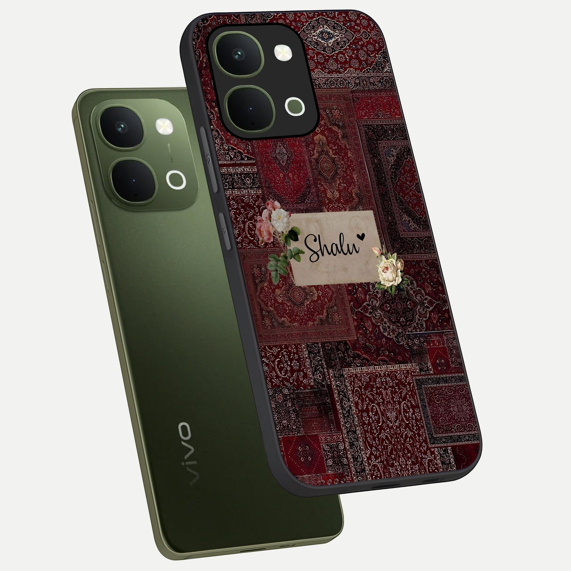 Velvet Wine Pattern Custom Name Glass Case displayed in angled mockup highlighting decorative velvet inspired design with custom name feature.