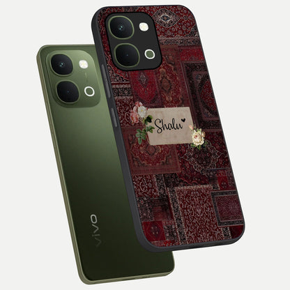 Velvet Wine Pattern Custom Name Glass Case displayed in angled mockup highlighting decorative velvet inspired design with custom name feature.