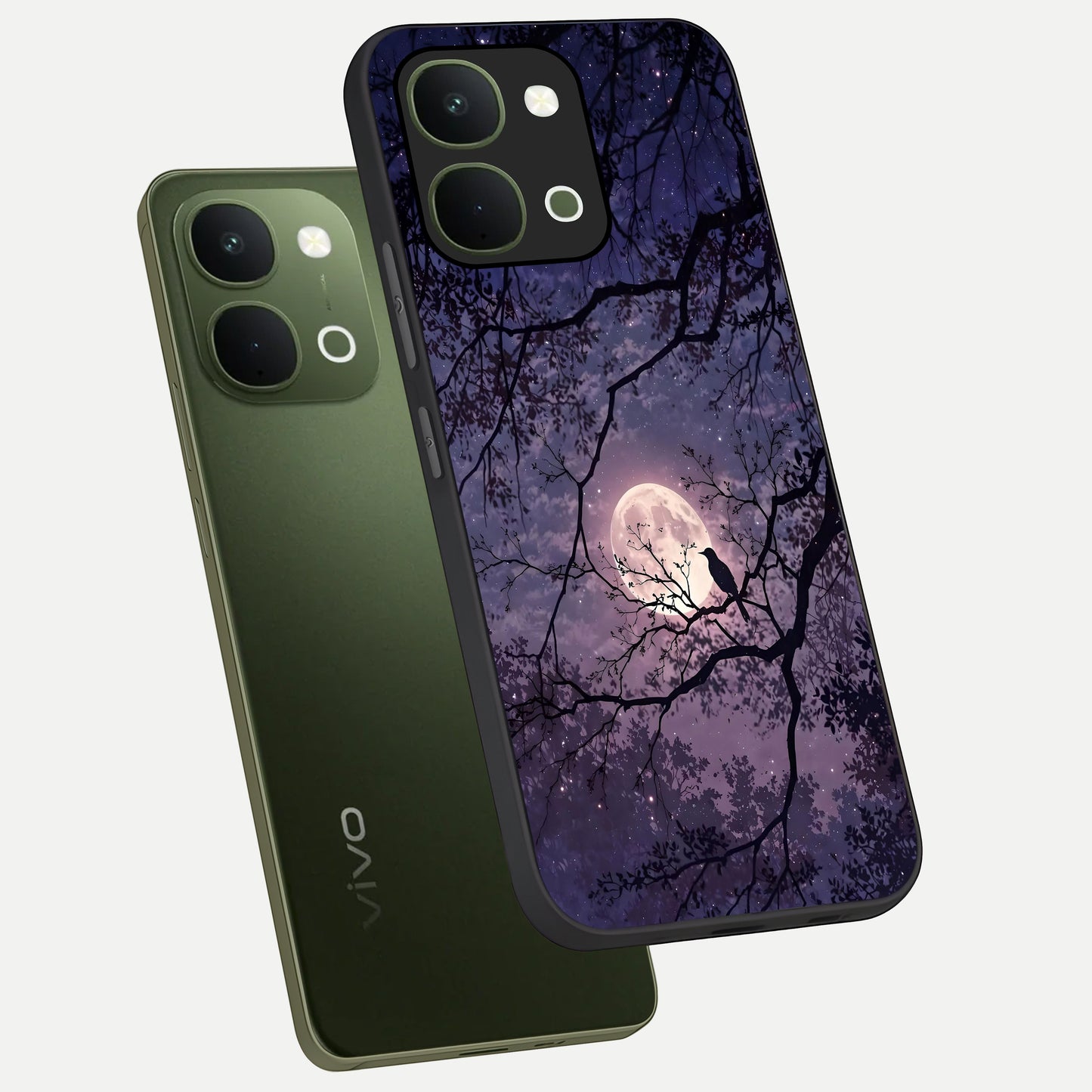 Whispering Moon Silence Glass Case displayed in angled mockup highlighting calm lunar design with dreamy night aesthetic.