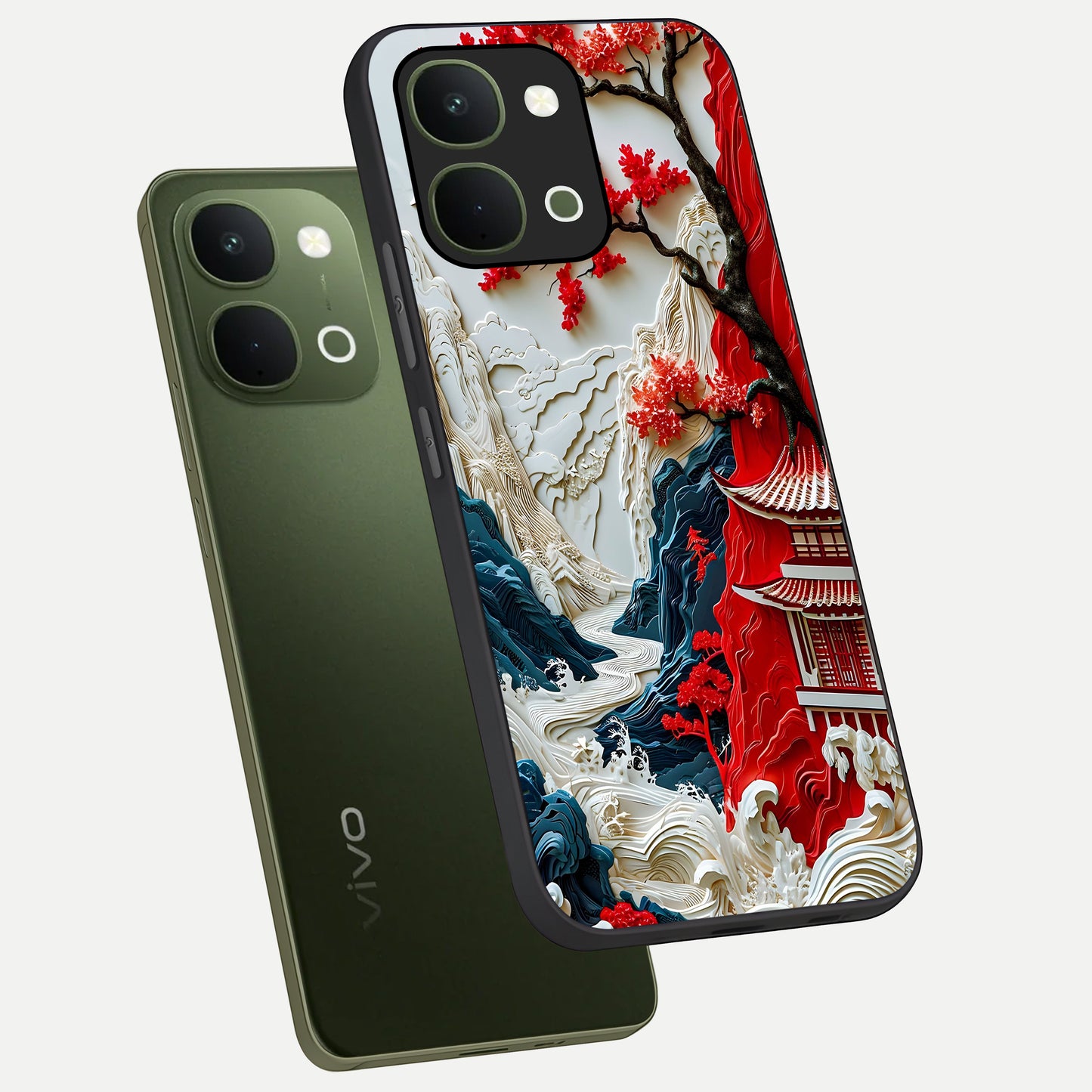 Whispers Of Sakura Waves Glass Case displayed in angled mockup highlighting flowing sakura design with soft floral aesthetic.
