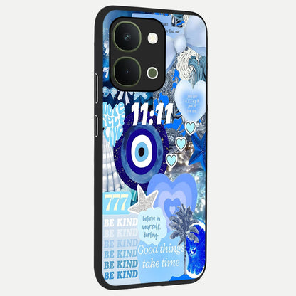 Aesthetic Be Kind Eye Glass Case upright view showcasing stylish eye illustration with positive message theme.
