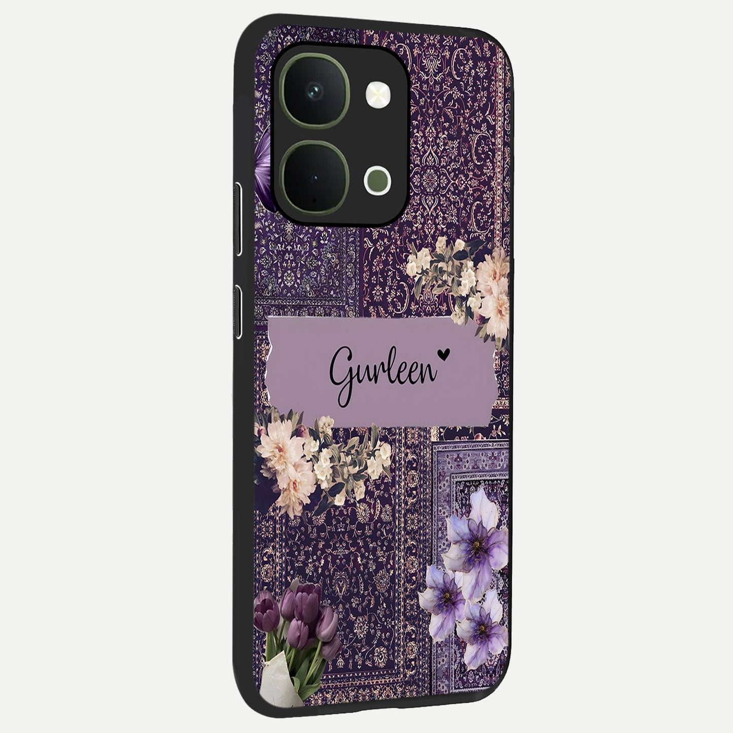 Antique Floral Whisper Custom Name Glass Case upright view showcasing delicate floral artwork with custom name feature.