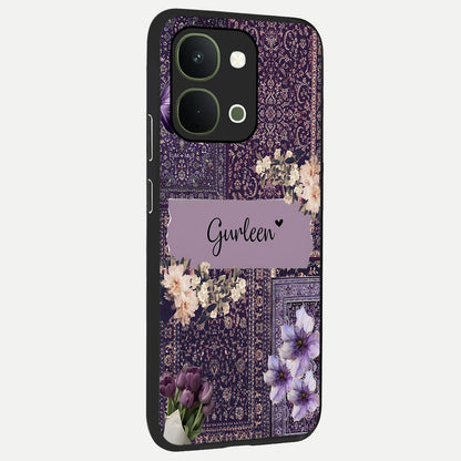 Antique Floral Whisper Custom Name Glass Case upright view showcasing delicate floral artwork with custom name feature.