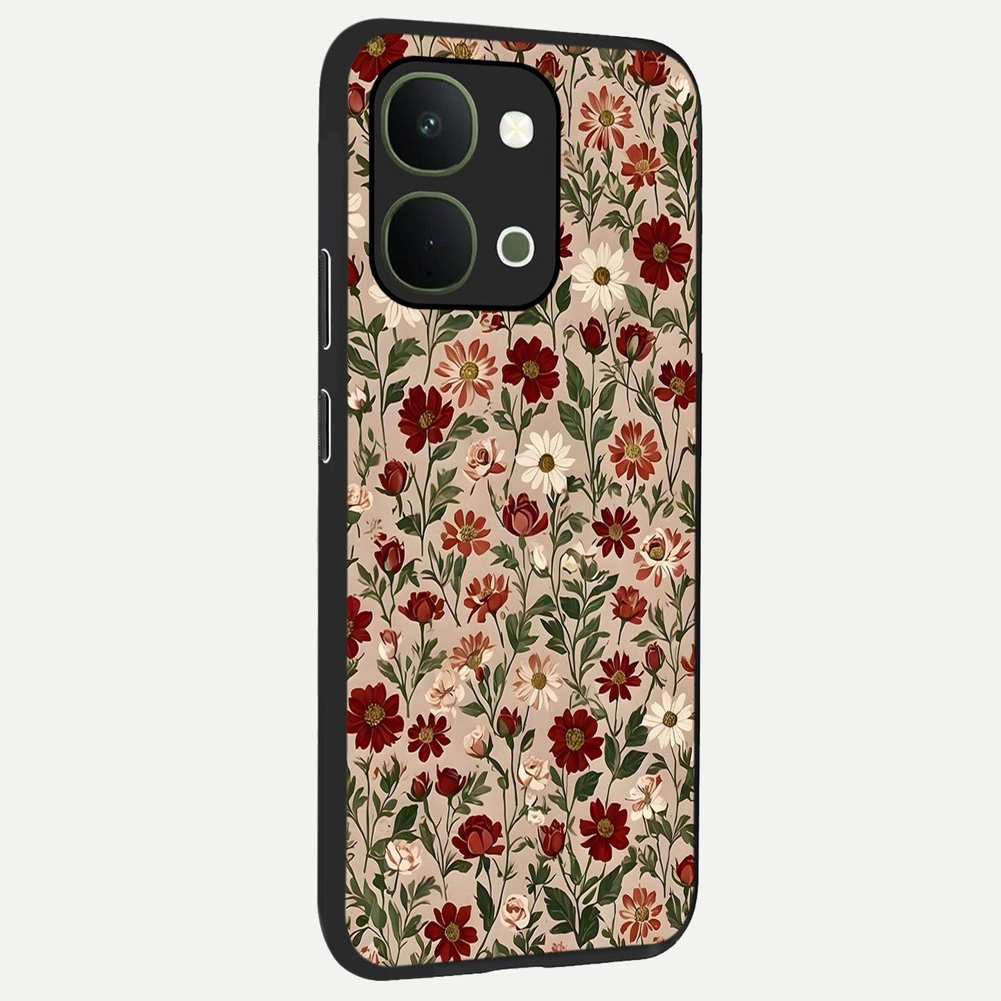 Biege Flower With Leaf Glass Case upright view showcasing delicate beige flower illustration with clean botanical style.