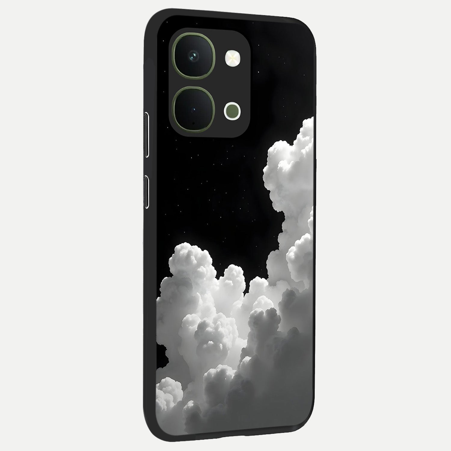 Black Background With White Cloud Glass Case upright view showcasing calm cloud aesthetic with modern minimal style.