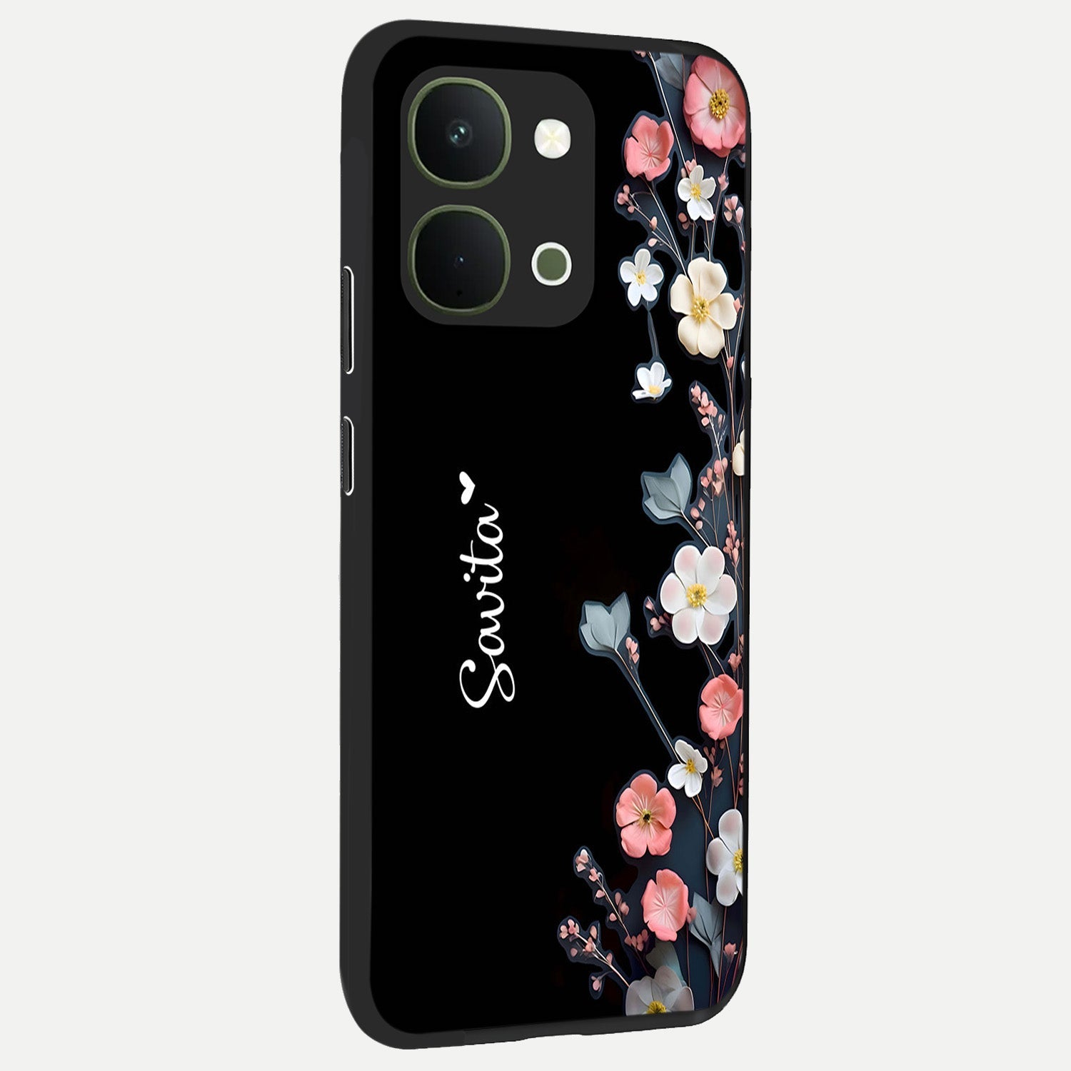 Black Elegance Floral Custom Name Glass Case upright view showcasing luxurious black floral design with personalized name detail.