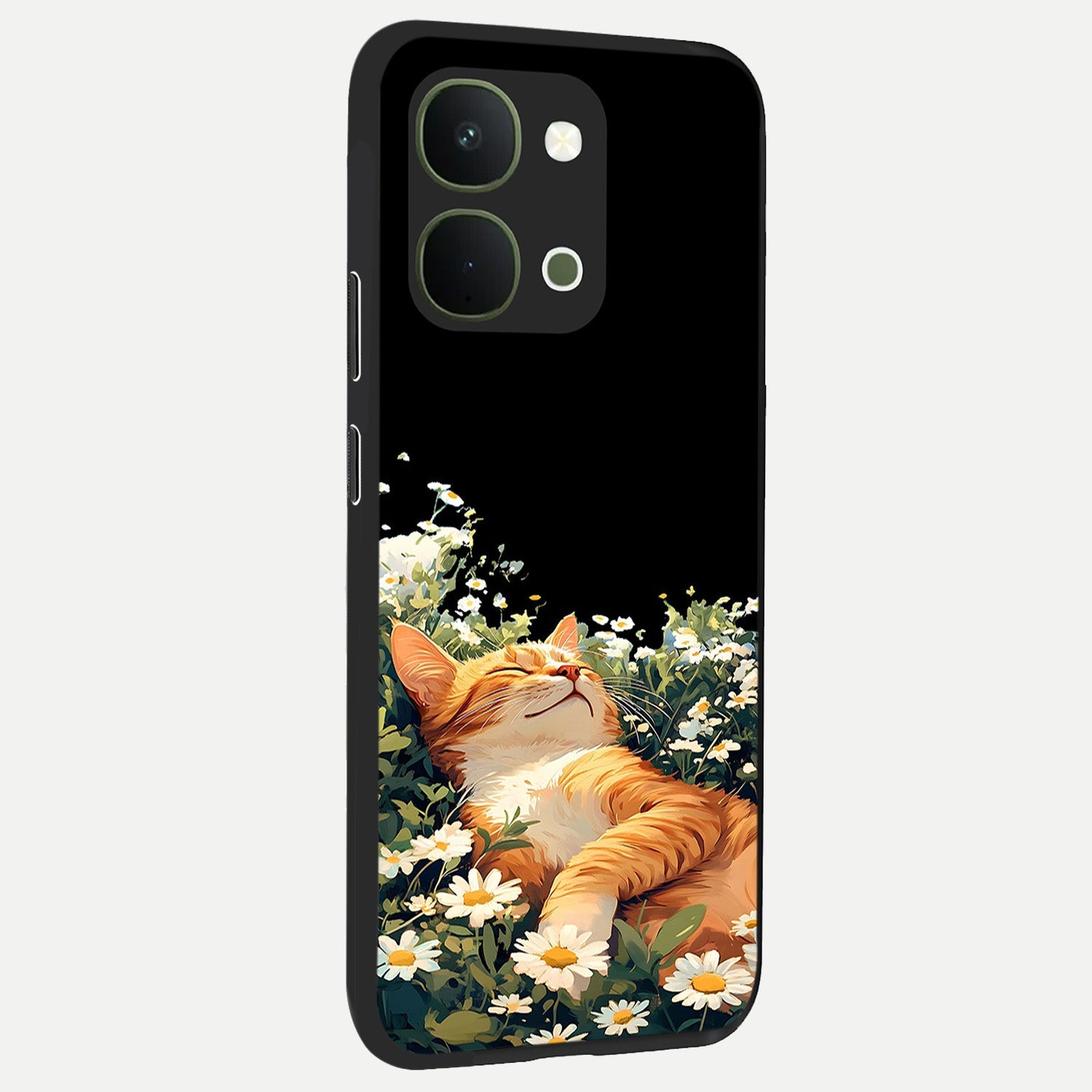 Blissful Bloom Cat Glass Case upright view showcasing charming cat design surrounded by blooming floral elements.