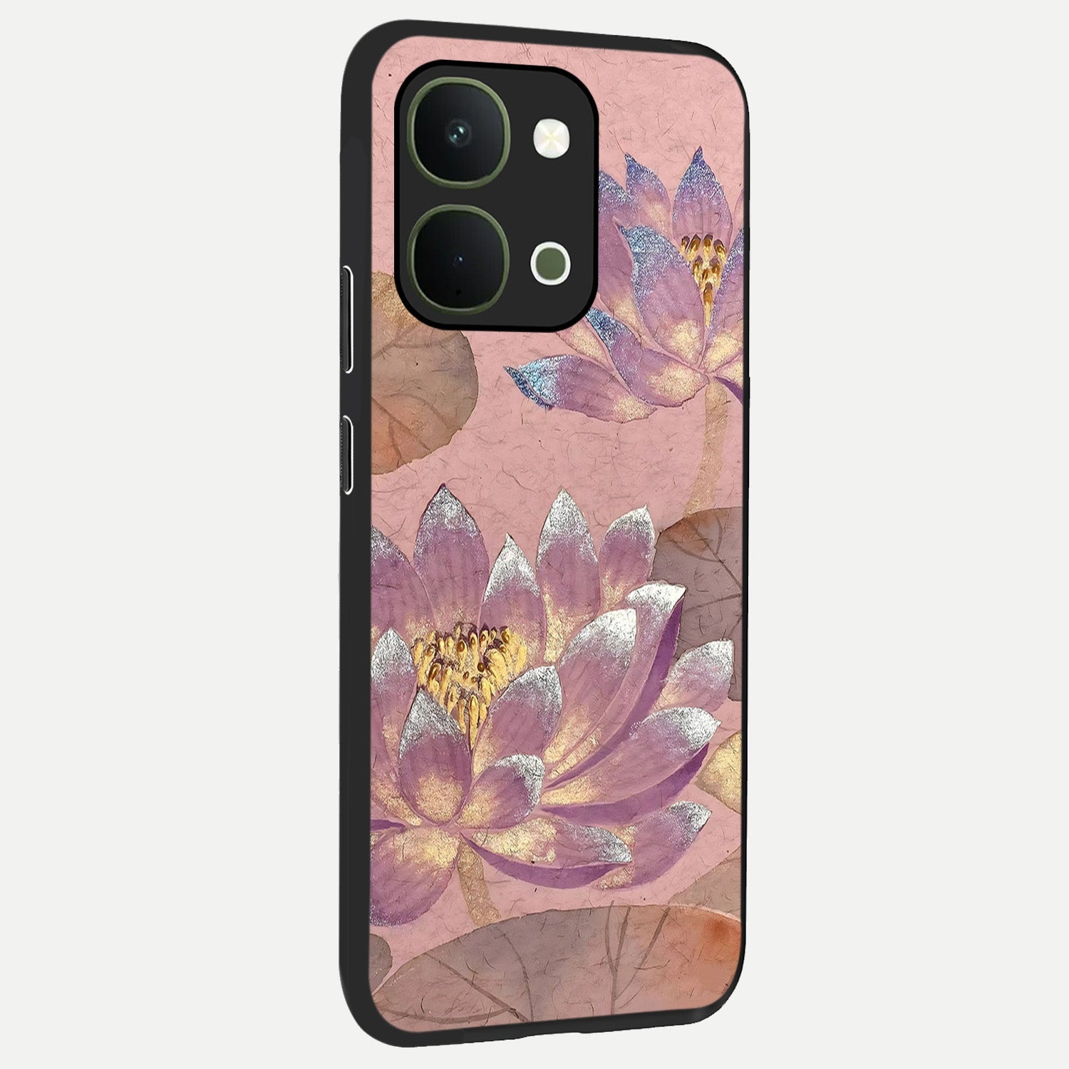 Blossom Mist Lotus Glass Case upright view showcasing graceful lotus flower design with peaceful botanical style.
