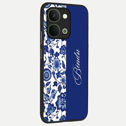 Blue Vintage Floral Pattern Glass Case upright view showcasing delicate blush floral texture with modern minimal style.