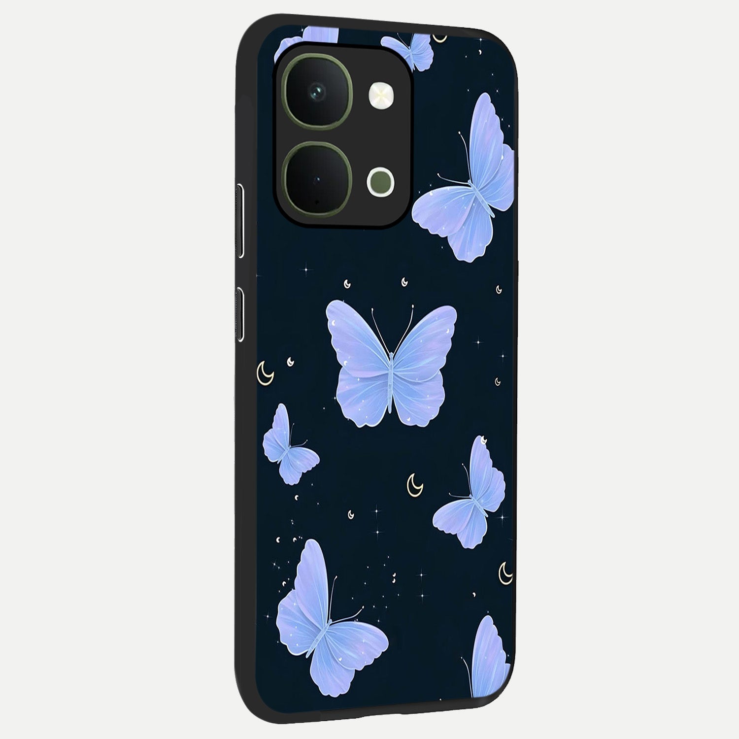 Butterfly With Stars Pattern Glass Case upright view showcasing celestial butterfly artwork with sparkling star elements.