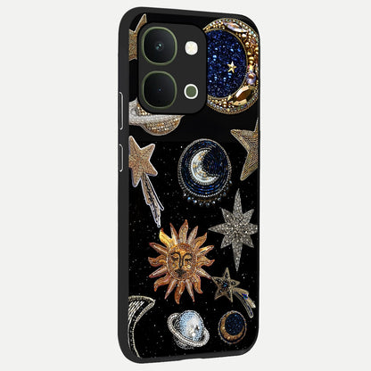 Celestial Gem Constellations Glass Case upright view showcasing cosmic constellation artwork with celestial aesthetic style.