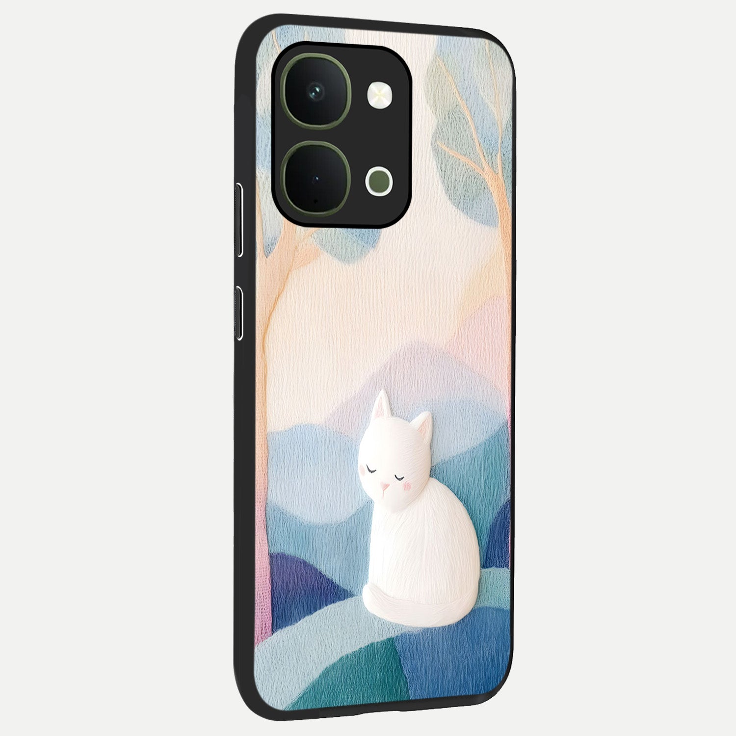Cotton Dream Cat Glass Case upright view showcasing charming cat artwork with cozy dreamy theme.