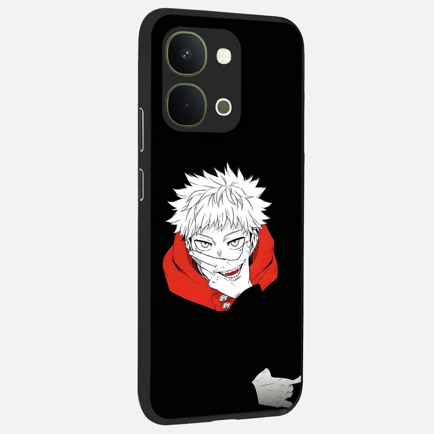 Crimson Chaos Smile Glass Case upright view showcasing expressive chaotic artwork with striking visual theme.