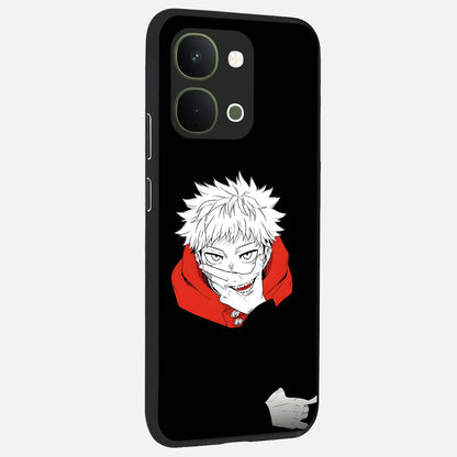 Crimson Chaos Smile Glass Case upright view showcasing expressive chaotic artwork with striking visual theme.