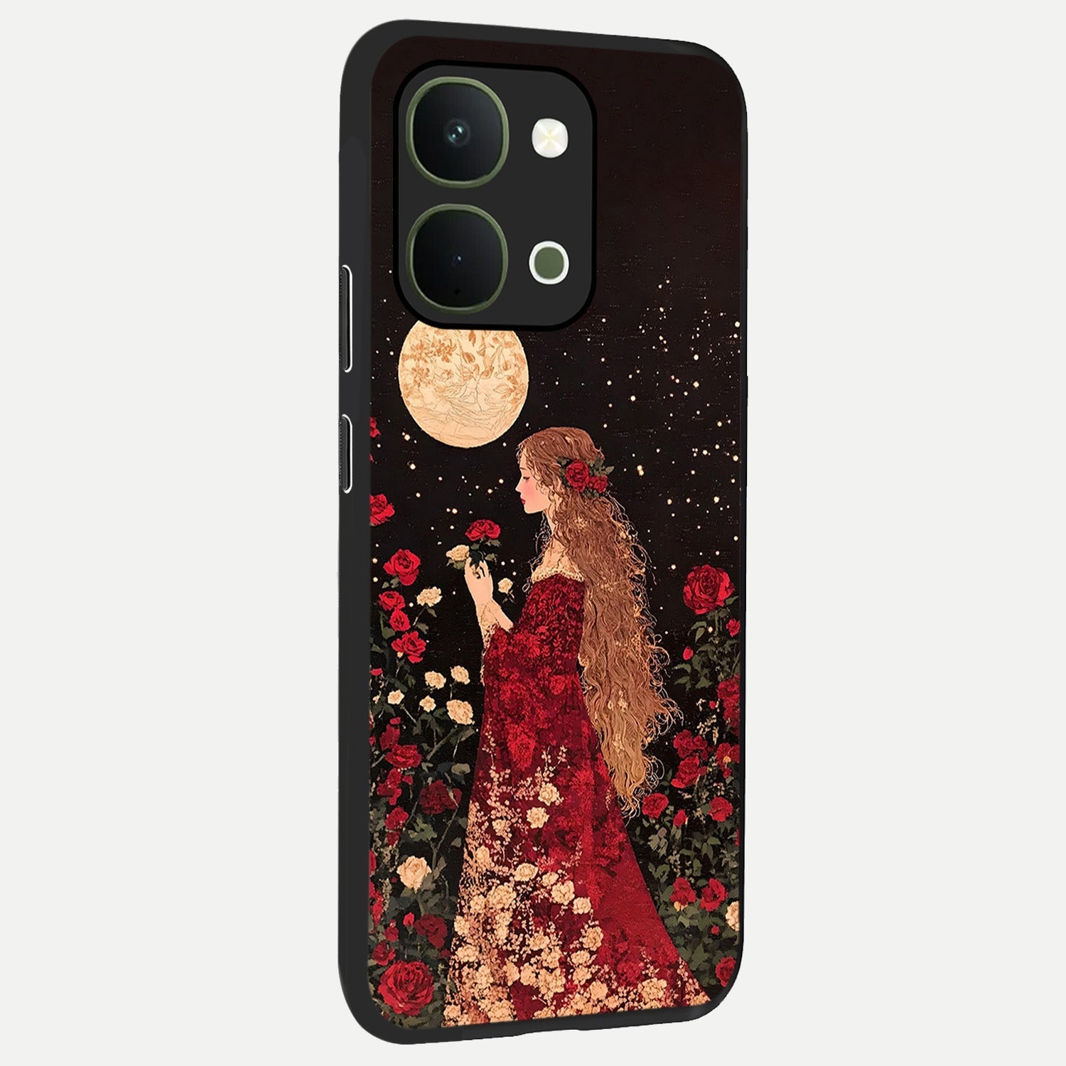 Crimson Dreams Glass Case upright view showcasing dreamy red toned artwork with modern aesthetic style.
