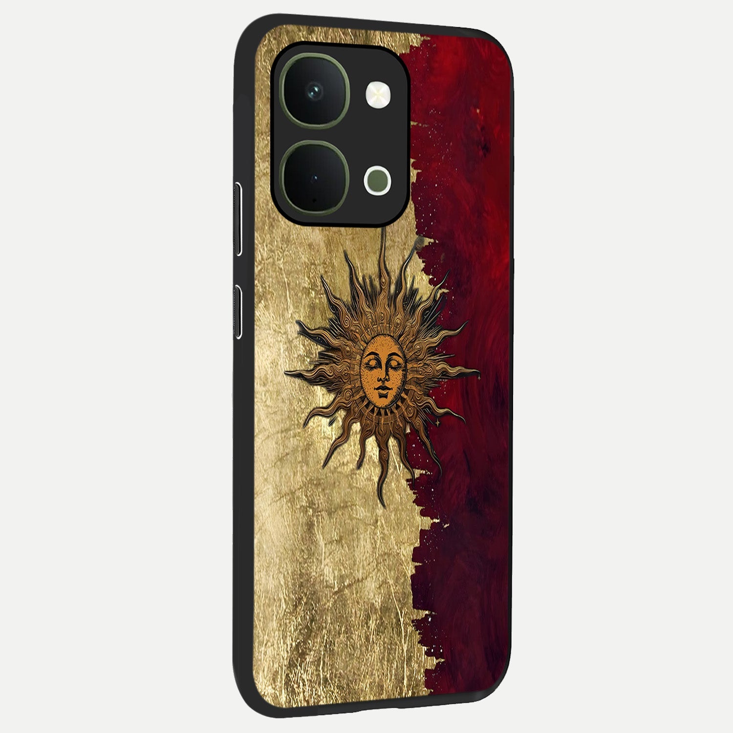 Crimson Sun Majesty Glass Case upright view showcasing vibrant sun artwork with powerful celestial theme.