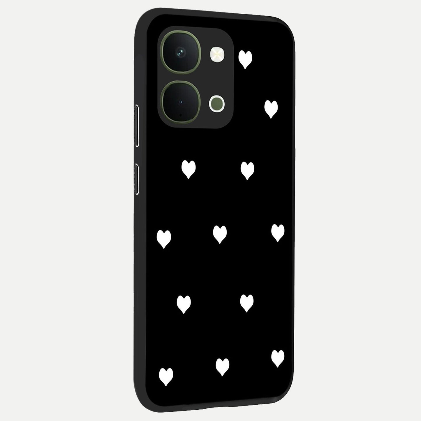 Cute And Simple White Hearts Glass Case upright view showcasing simple white hearts artwork with soft minimal theme.