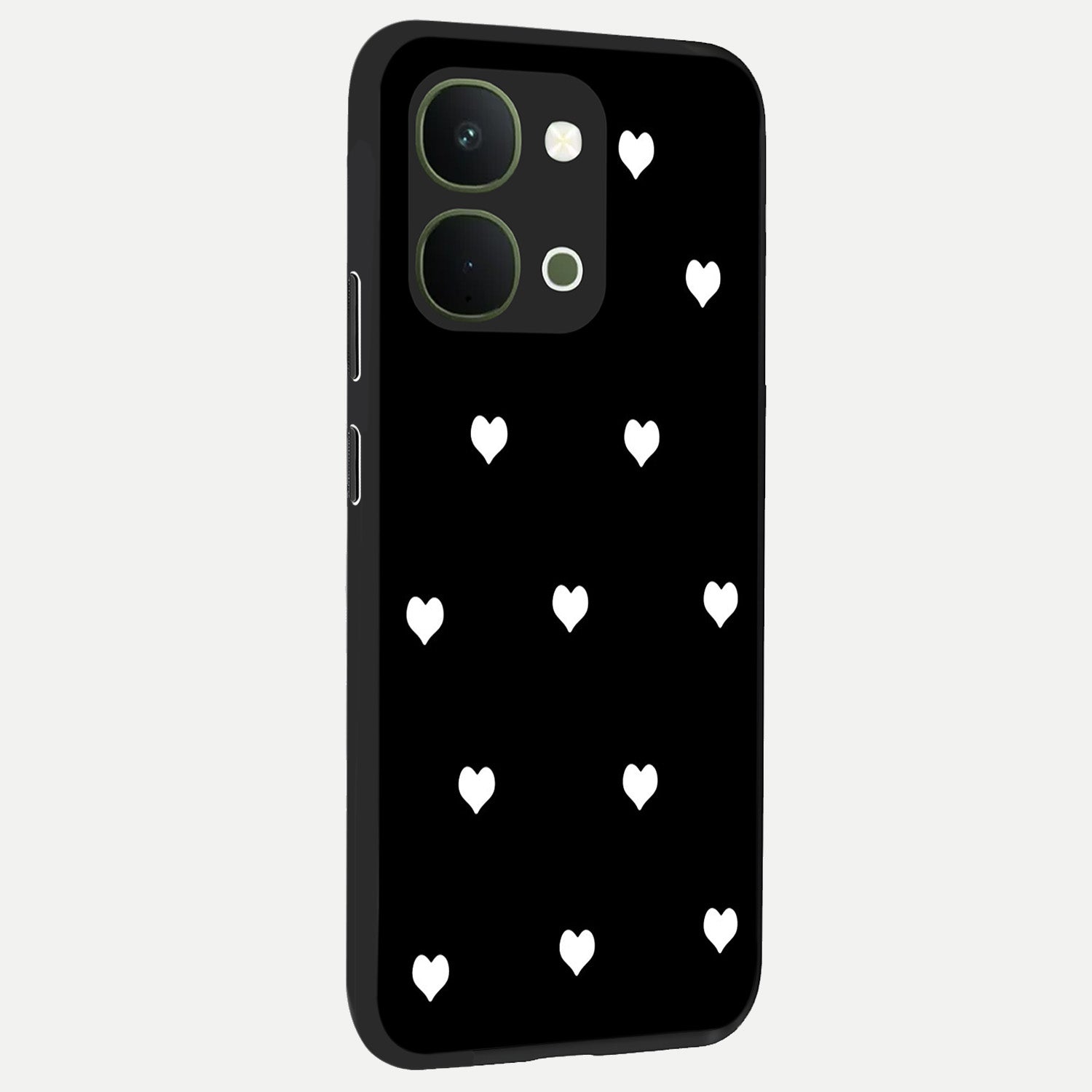 Cute And Simple White Hearts Glass Case upright view showcasing simple white hearts artwork with soft minimal theme.
