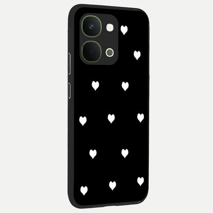 Cute And Simple White Hearts Glass Case upright view showcasing simple white hearts artwork with soft minimal theme.