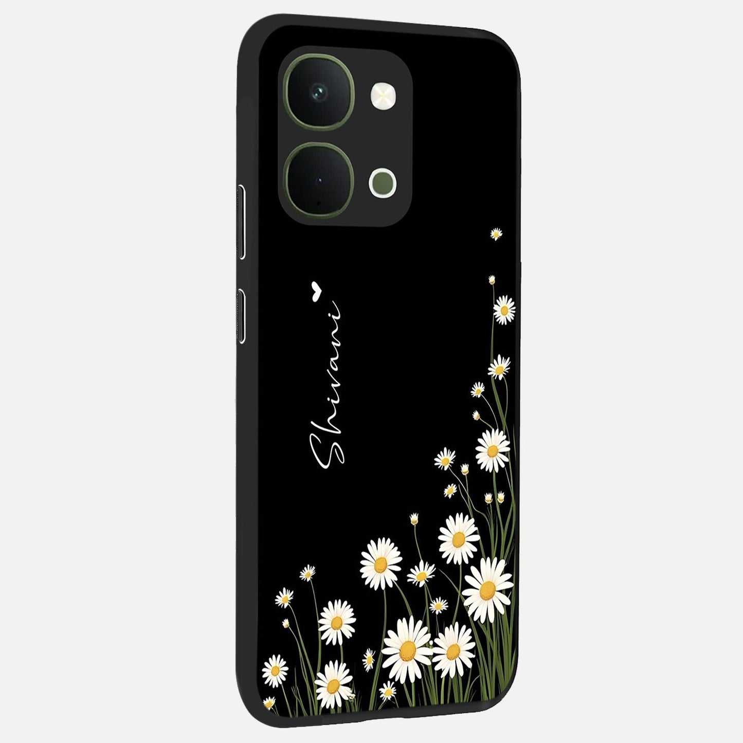 Daisy Cascade Custom Name Glass Case upright view showcasing elegant floral cascade design with personalized aesthetic.