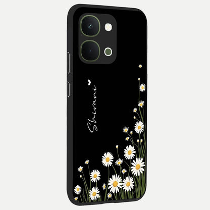 Daisy Cascade Custom Name Glass Case upright view showcasing elegant floral cascade design with personalized aesthetic.