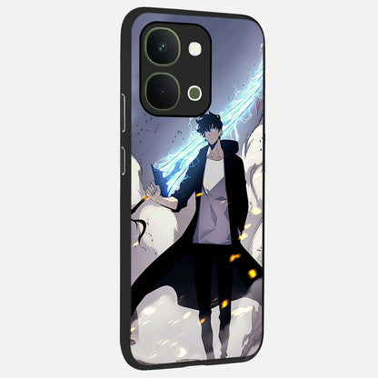 Dark Lightning Anime Warrior Glass Case upright view showcasing dramatic warrior artwork with dark lightning aesthetic.