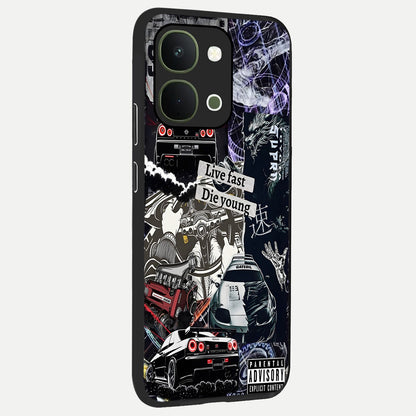 Die Young Glass Case upright view showcasing striking typography artwork with modern statement theme.