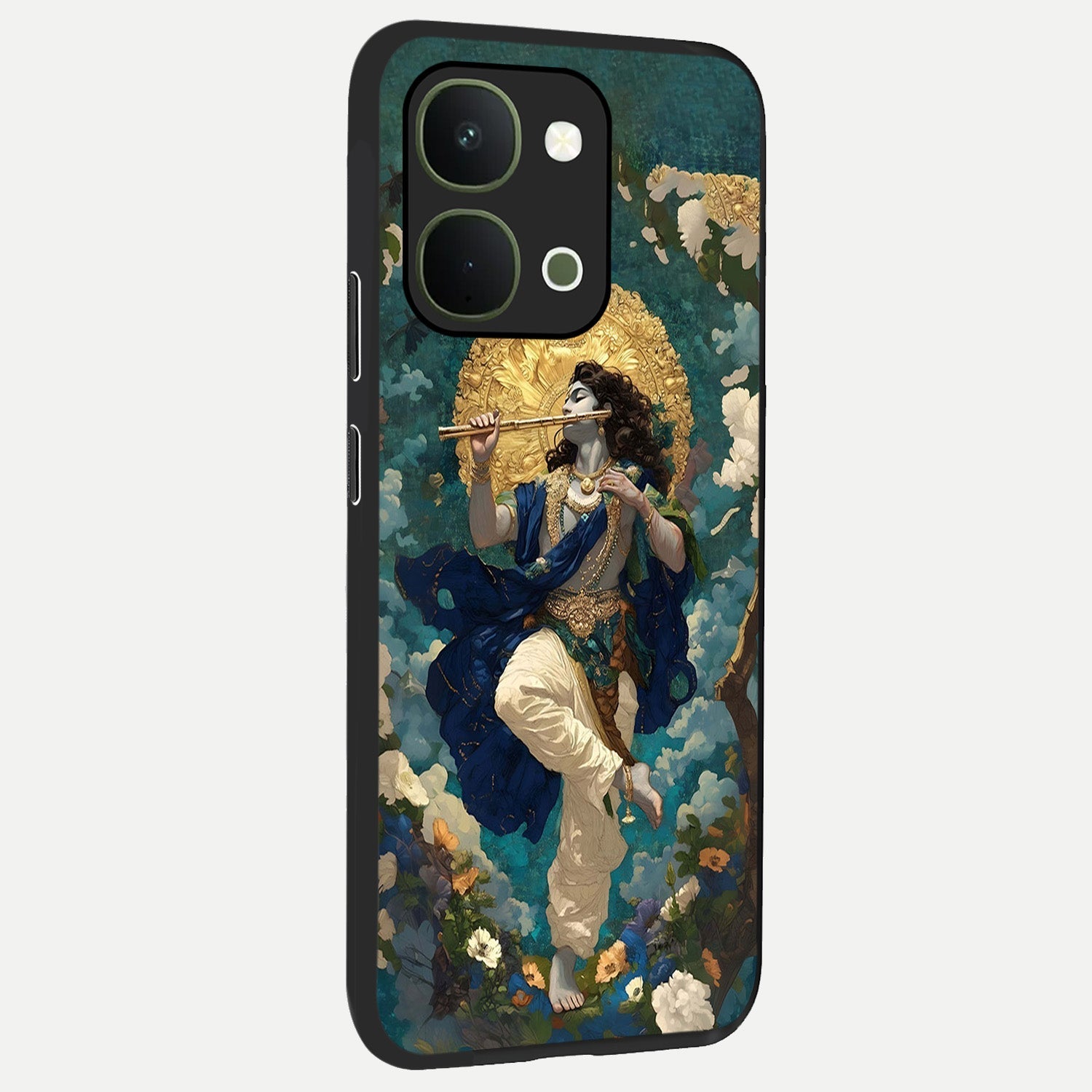 Divine Krishna Art Glass Case upright view showcasing divine Krishna artwork with sacred artistic theme.