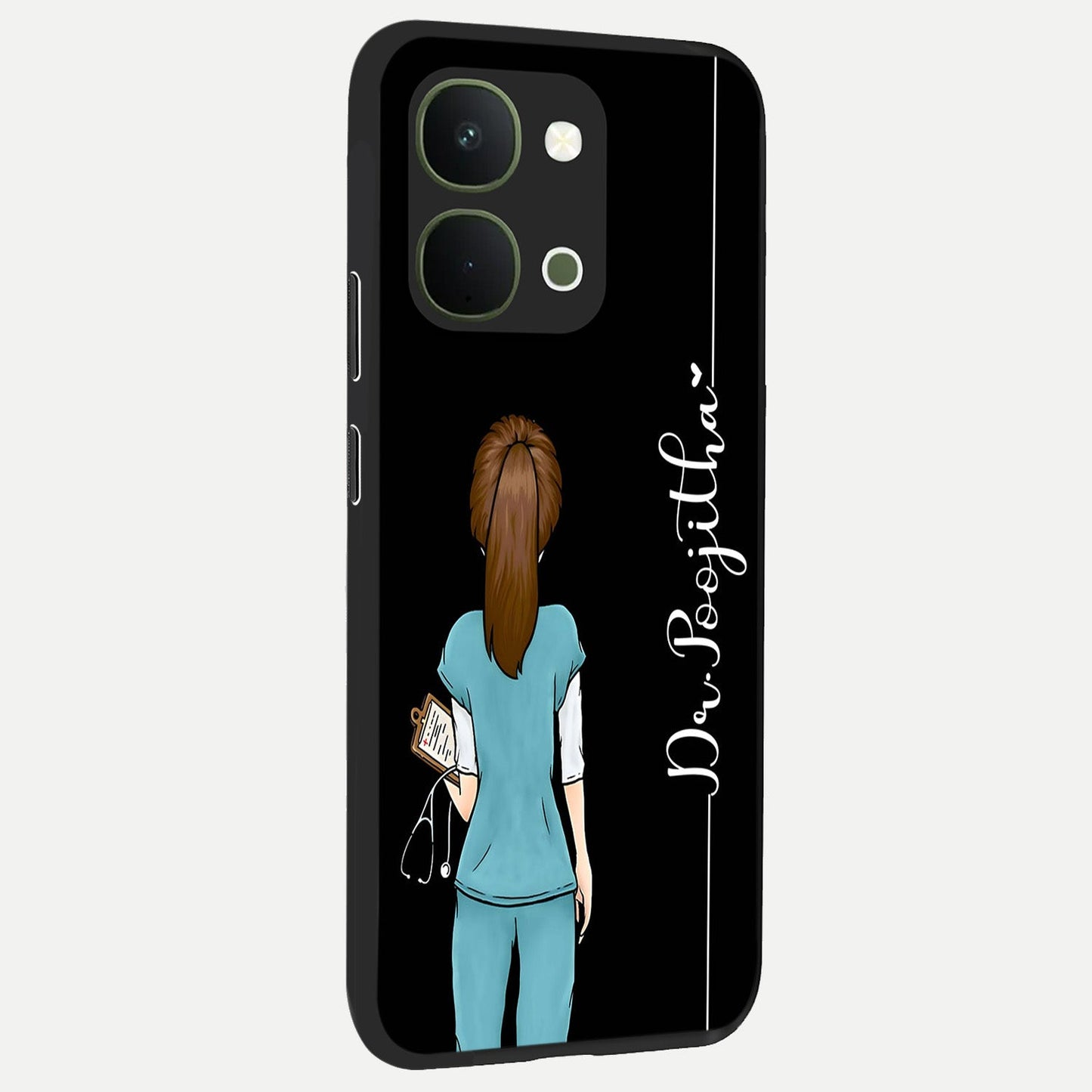 Doctor Pattern Custom Name Glass Case upright view showcasing healthcare themed design with personalized aesthetic.