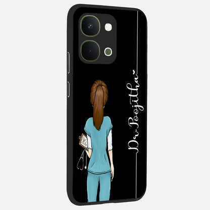 Doctor Pattern Custom Name Glass Case upright view showcasing healthcare themed design with personalized aesthetic.