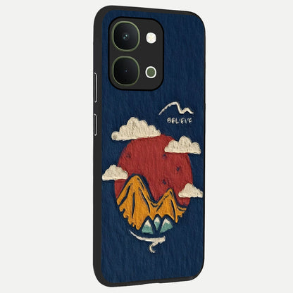 Dream Beyond Mountains Glass Case upright view showcasing beautiful mountain scenery with inspirational nature theme.