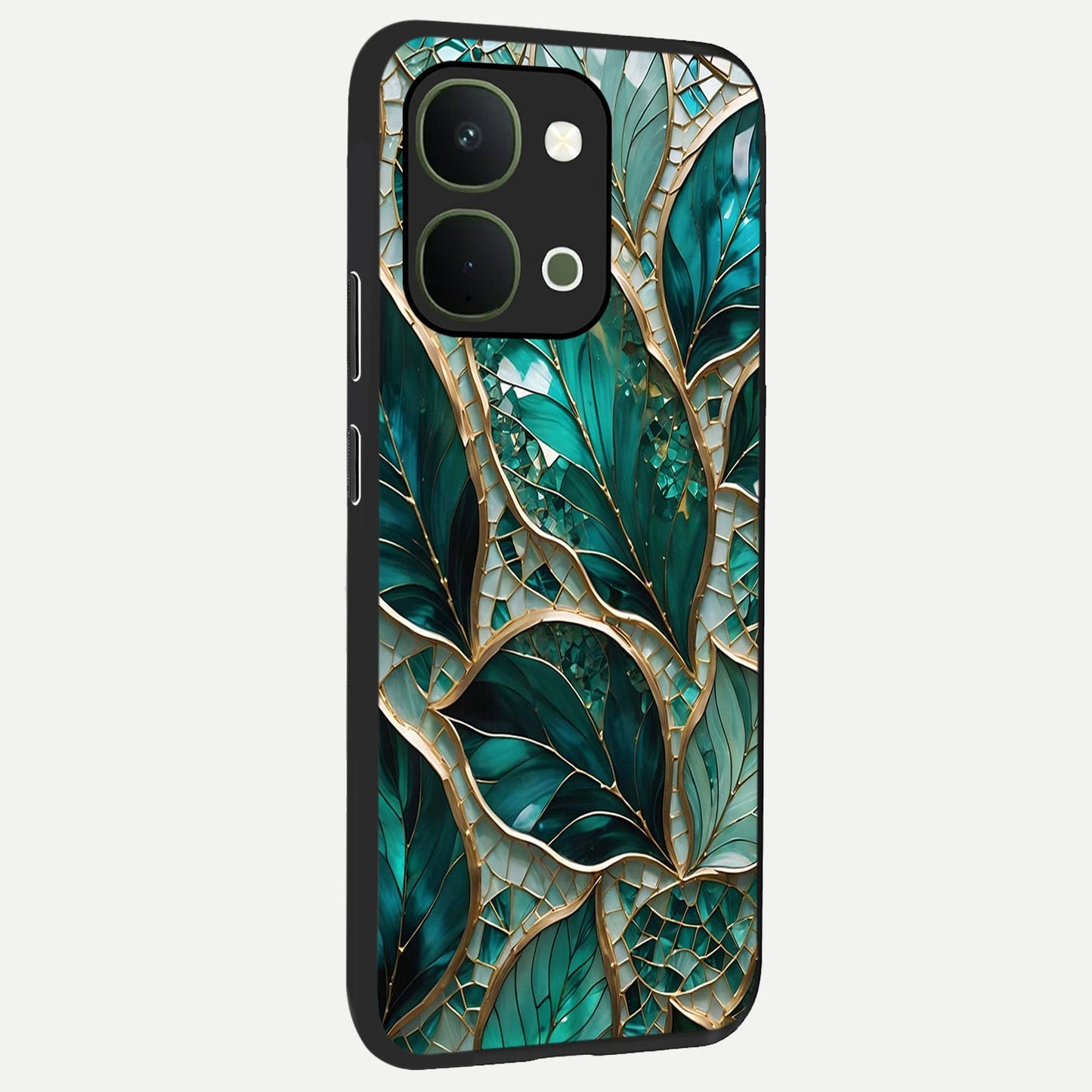 Emerald Leaf Glass Glass Case upright view showcasing fresh green leaf artwork with calming nature inspired style.