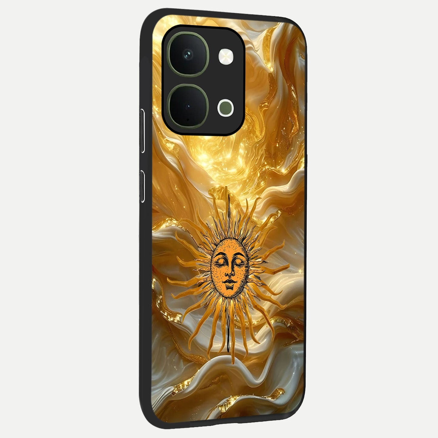 Eternal Golden Glow Glass Case upright view showcasing luminous golden artwork with luxurious visual theme.