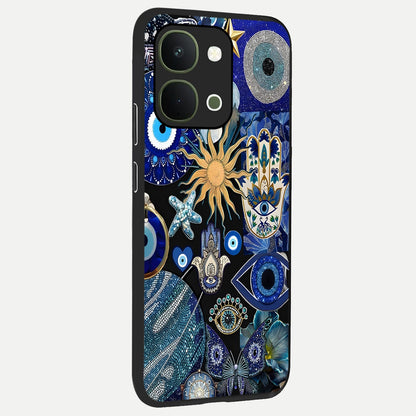 Evil Eye Charm Mix Glass Case upright view showcasing mystical evil eye pattern with vibrant decorative style.