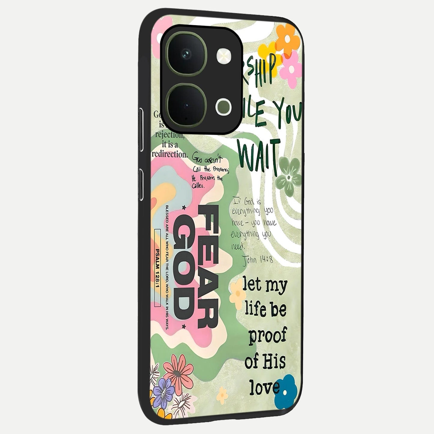 Faith Over Fear Glass Case upright view showcasing bold typography artwork with uplifting motivational theme.
