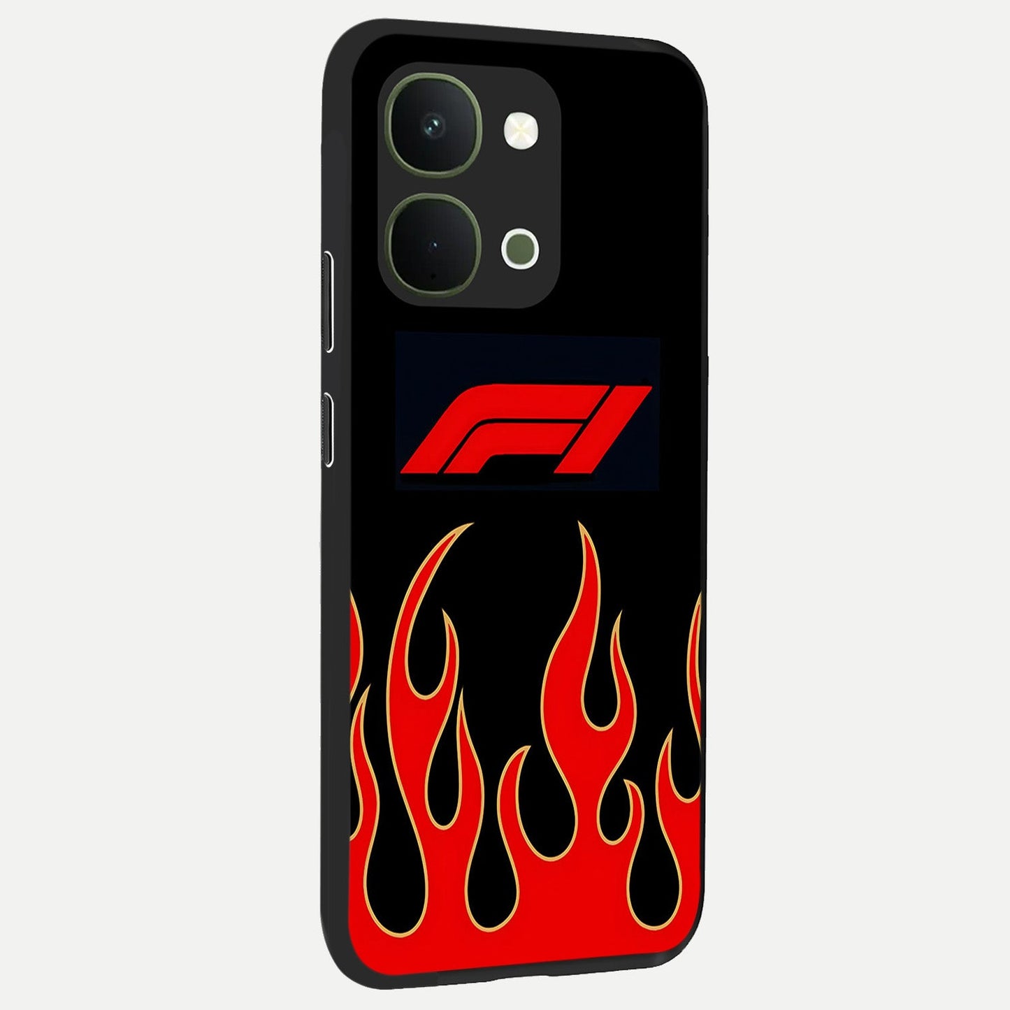 Fire F11 Glass Case upright view showcasing dynamic flame artwork with intense visual theme.